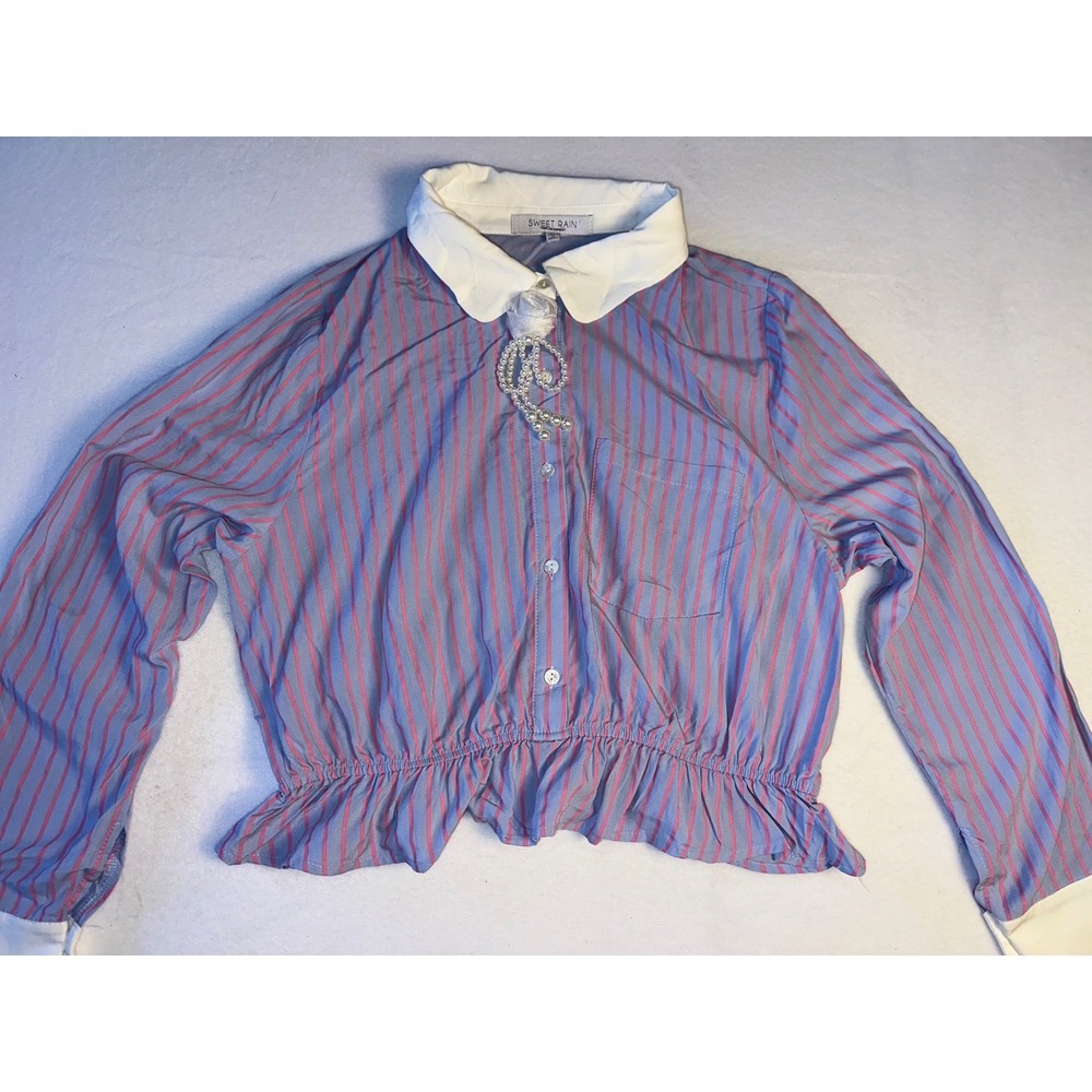 Sweet Rain Striped Cropped Blouse Blue Pink Rosette Pearl Detail XL
